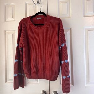 Rust Red Knit Sweater with Blue Heart Sleeves Size XL